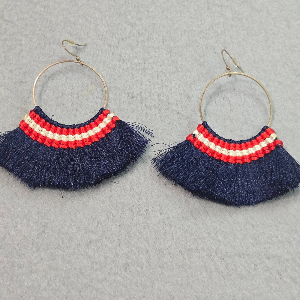 Plunder Tassel Hoop Earrings Women OS Navy‎ Red White Striped Fringe Fan Boho